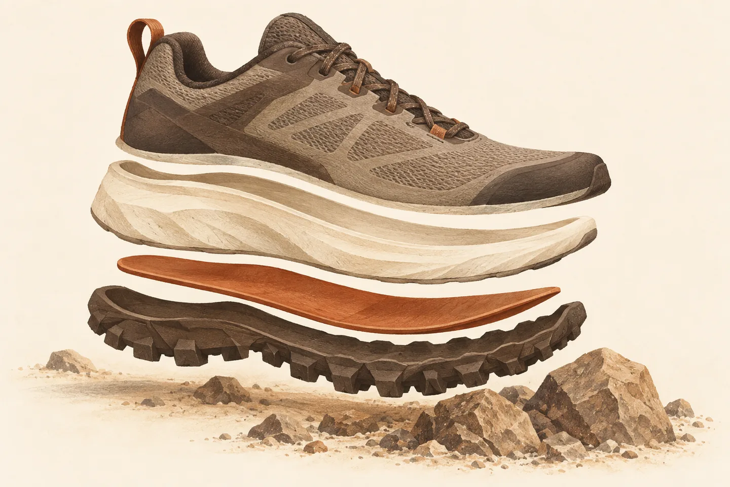 Exploded illustration of a trail running shoe with cream cushioning, a terracotta rock plate and a brown lugged outsole above angular stones.