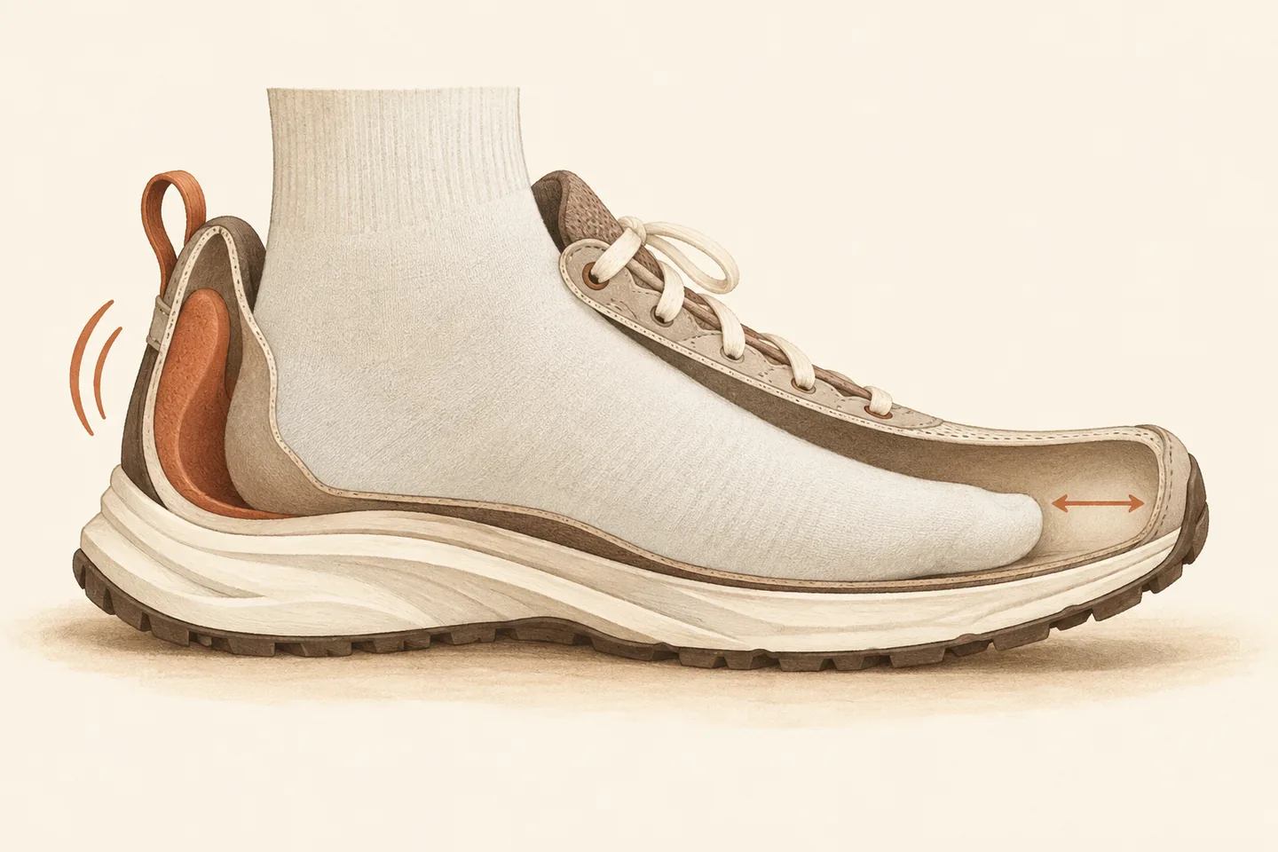 Terracotta and cream cutaway illustration of a running shoe with a socked foot, highlighting the heel cup and the space ahead of the toes.