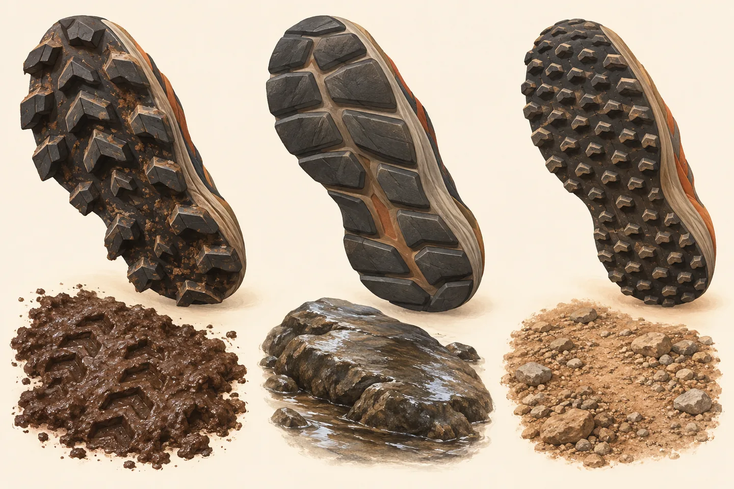 Illustrated trail-shoe soles with deep open lugs above mud, broad rubber tread above wet rock, and closely spaced short lugs above hardpack gravel, in warm cream and terracotta tones.